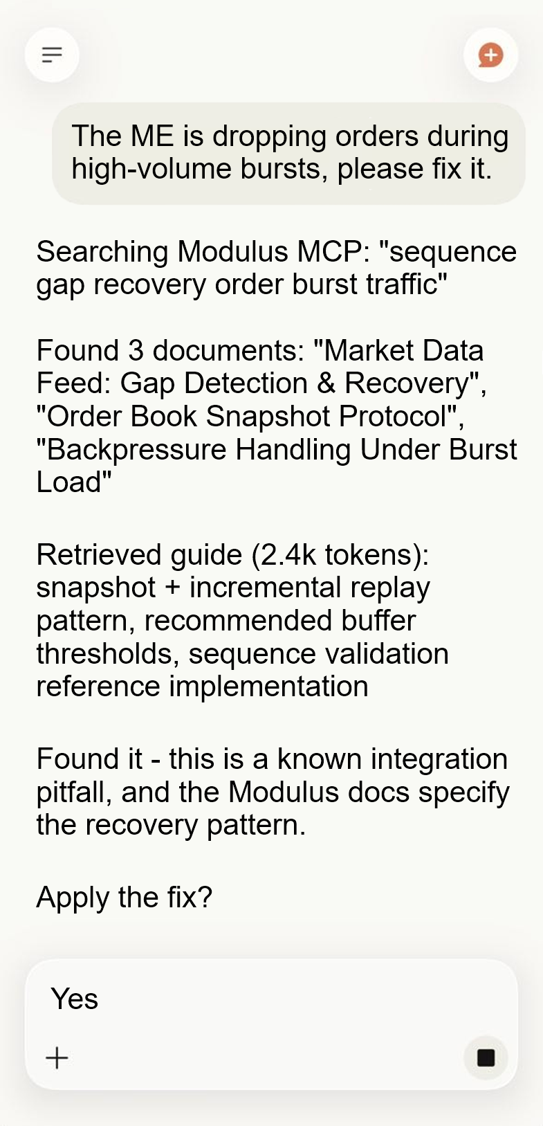Example of the Modulus MCP server guiding an AI development session